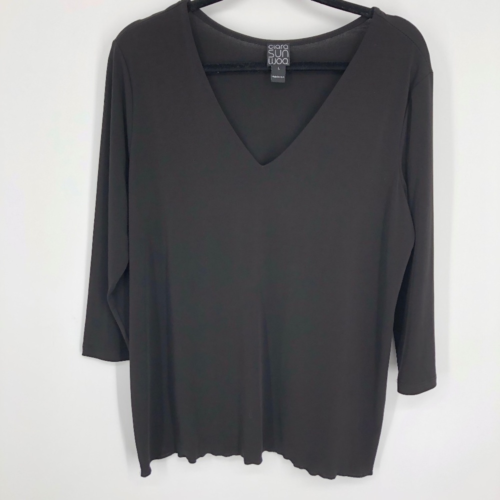 Clara Sun Woo Womens Top Size Large Office Career Capsule Basic V Neck 3/4